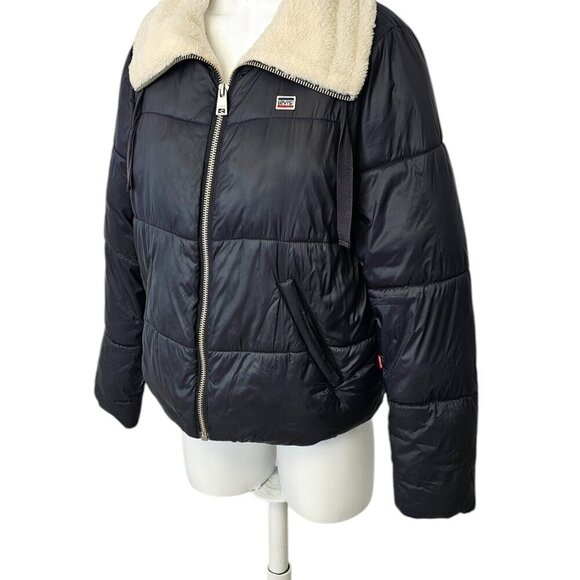 Levi's Womens Faux Shearling Lined Nylon Puffer Jacket, Black, Zip Up, Size S - Picture 7 of 9
